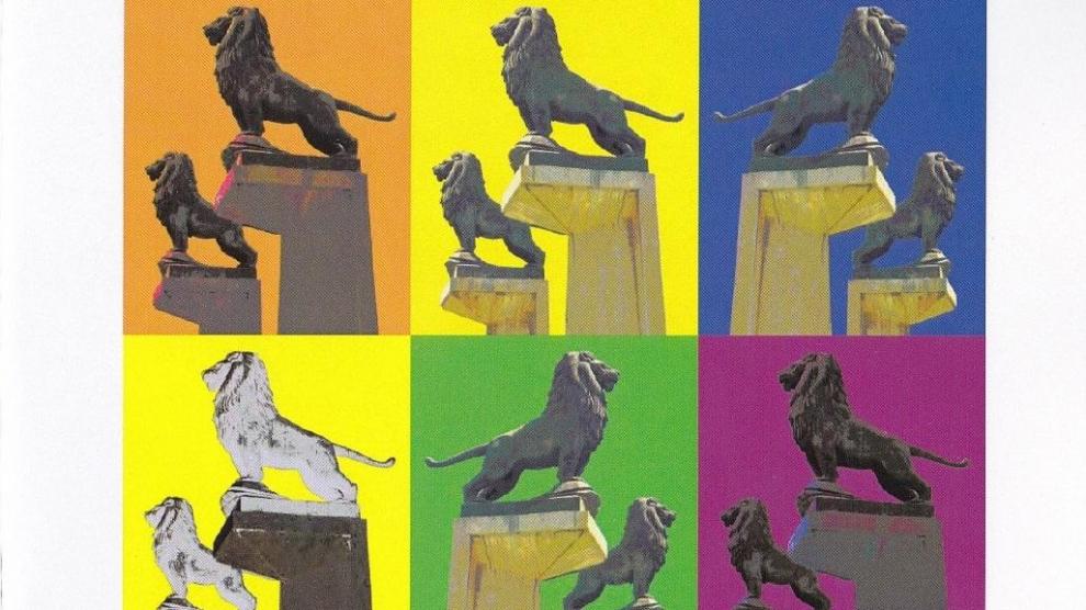 Imágenes tratadas de los leones de Francisco Rallo Lahoz en el Puente de Piedra.