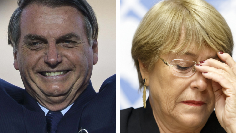 Combo de imágenes de Jair Bolsonaro y Michelle Bachelet
