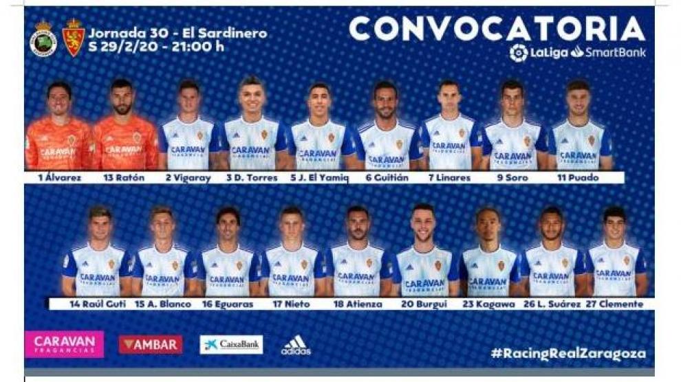 Lista de 18 convocados por Víctor Fernández que viajan este viernes por la tarde a Santander para jugar en la noche del sábado ante el Racing.