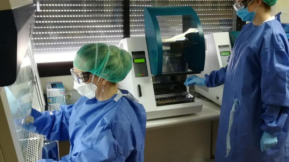 La técnico Marta Navarro manipula una muestra en la campana de seguridad biológica (izquierda), mientras su compañera Cristina Guijarro trabaja con el extractor donado por los empresarios.