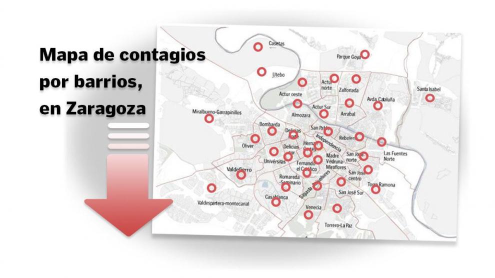 Mapa del coronavirus en los barrios de Zaragoza.