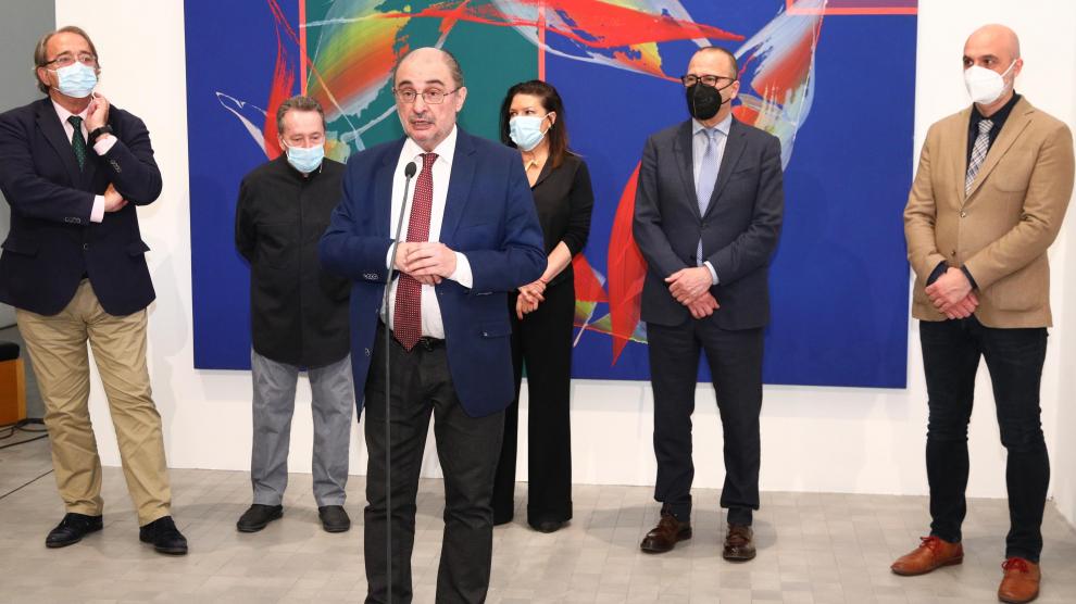 Lambán, este jueves en la presentación en Zaragoza de las obras donadas por el pintor José Manuel Broto