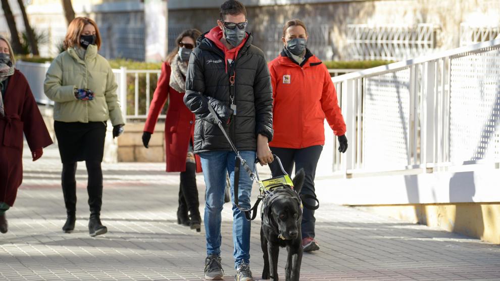 Alberto Villalba, el joven turolense que perdió la vista y las manos, recibe a su perro guía. Xabat