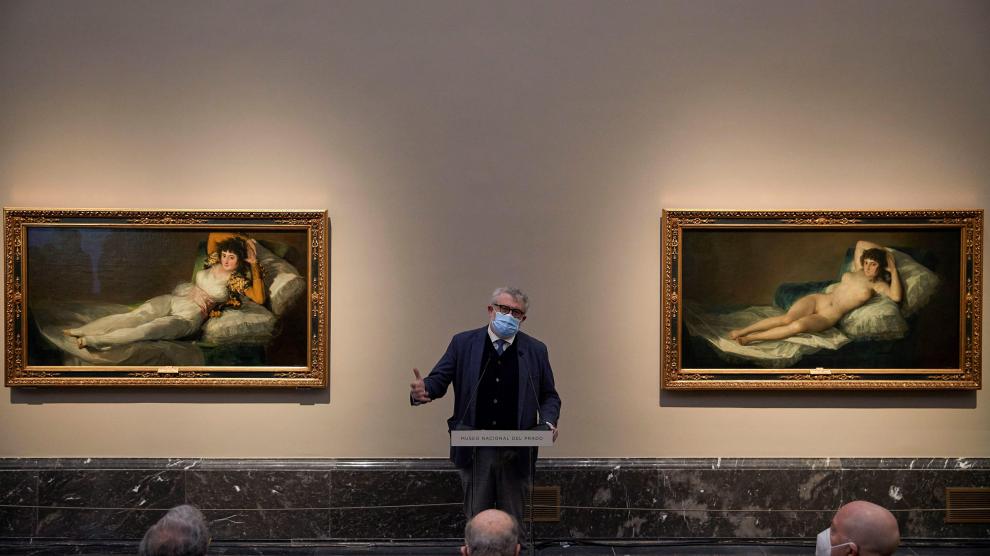 El director del Museo del Prado, Miguel Falomir, da un discurso durante la presentación del nuevo diseño de las salas dedicadas a Goya.