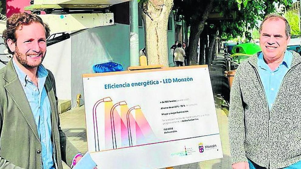 Isaac Claver y Salvador Sarrado, durante la presentación del plan de eficiencia energética en Monzón.