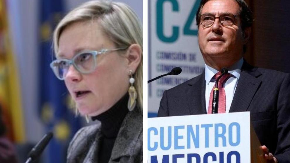La vicepresidenta de la patronal catalana Foment del Treball, Virginia Guinda y el actual presidente de CEOE, Antonio Garamendi