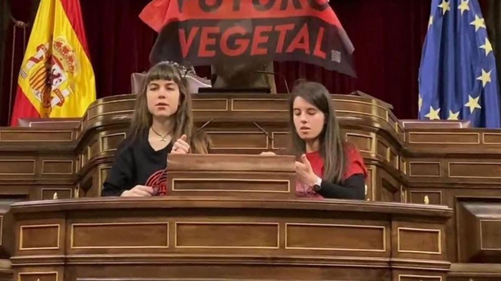 Activistas del movimiento Futuro Vegetal intentan pegarse a los micrófonos del Congreso de los Diputados.