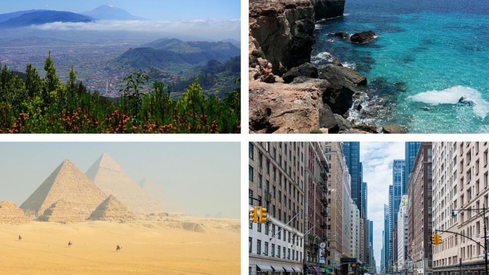 Arriba, a la izquierda, una imagen de Tenerife, con el Teide de fondo, y una cala de Mallorca. Abajo, a la izquierda, Egito y una calle de Nueva York