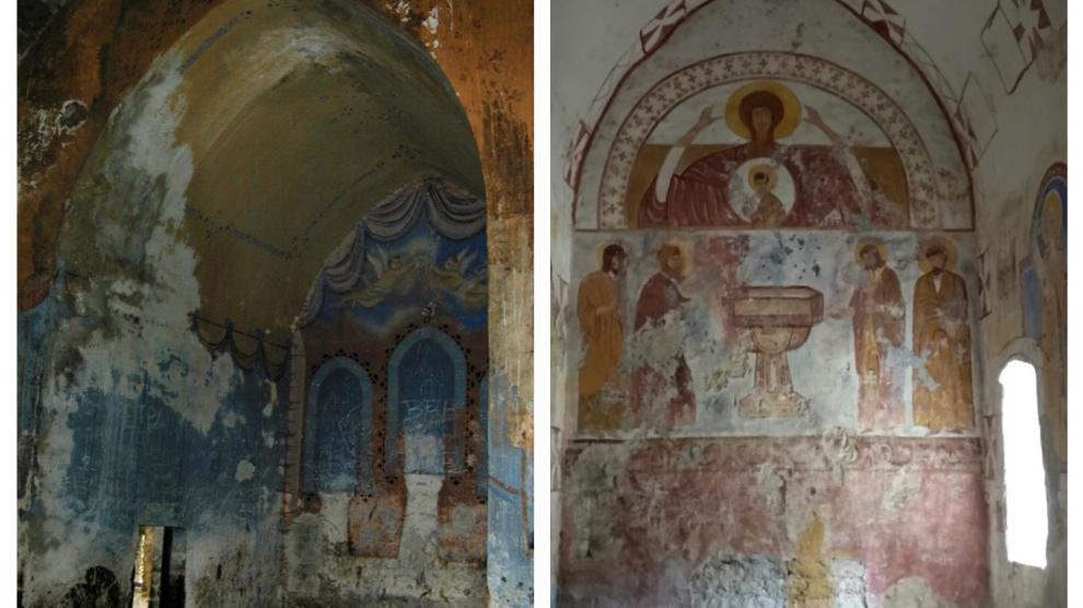 Pinturas originales en el interior de la iglesia, en una fotografía del año 2000, y aspecto actual del interior del templo de Jánovas (derecha)