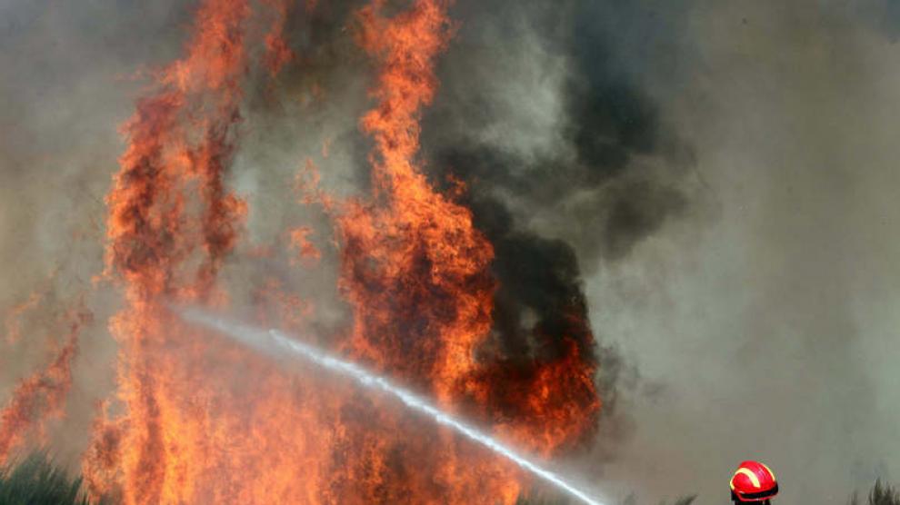 Un bombero lucha contra el fuego en un bosque del país vecino