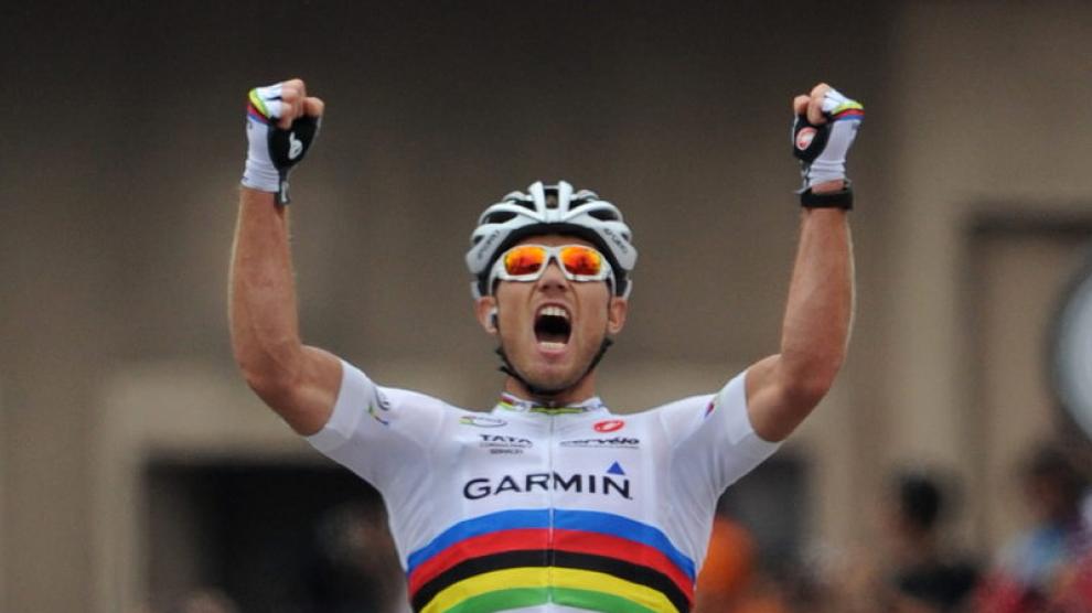 Hushovd se ha lucido con el maillot arcoiris, que porta como actual campeón del mundo.