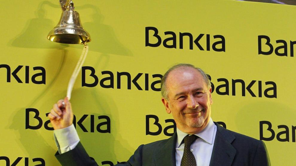 El presidente de Bankia, Rodrigo Rato, en el inicio de la sesión de bolsa