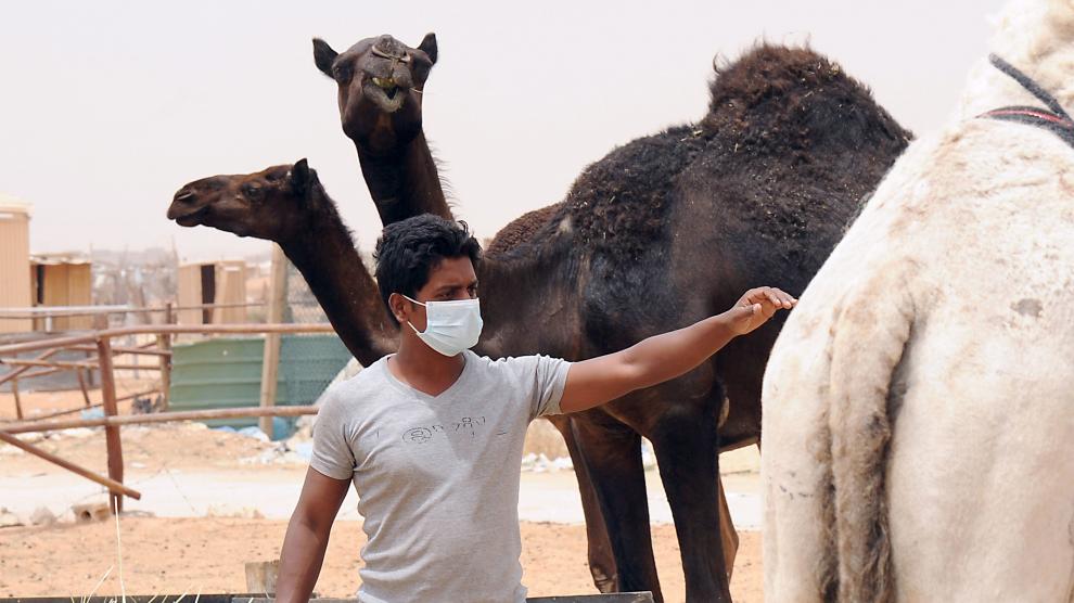 Un trabajador indio de Arabia Saudí lleva una máscara para protegerse del coronavirus (MERS).