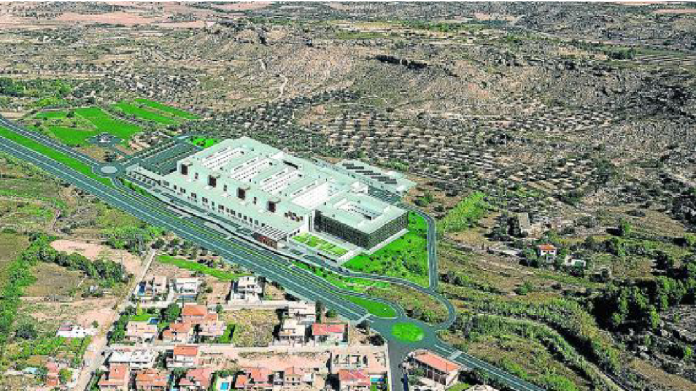 Recreación virtual del futuro hospital de Alcañiz, que se levantará en el paraje Cantagallos.