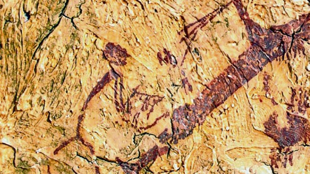 3 Foto 1. Imagen de lo que podría ser un hombre tocando la lira en una pintura rupestre de El Cerrao (Obón, Teruel).