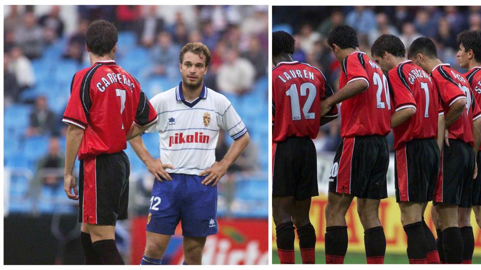 Dos momentos del Real Zaragoza-Real Mallorca de 1999 con Carreras (número 7) jugando en el cuadro balear. En la primera, discute con Jamelli. En la segunda, forma una barrera en una falta junto a Nadal, Lauren, Diego Tristán, Stankovic y Siviero.