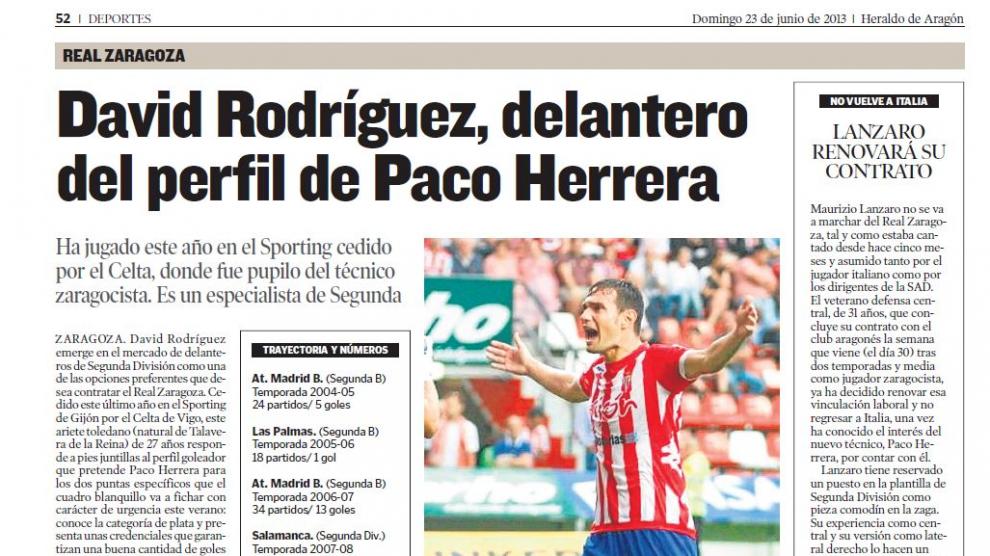 Información sobre el pretendido fichaje de David Rodríguez por el Real Zaragoza publicada el 23 de junio de 2013.