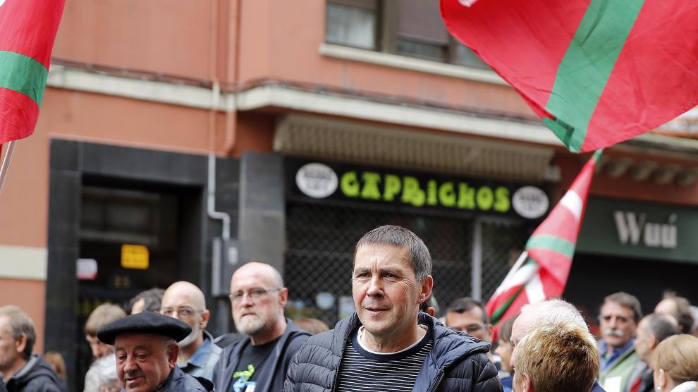 El líder de EH Bildu Arnaldo Otegi (c) en la manifestación de expresos y antiguos huidos de ETA