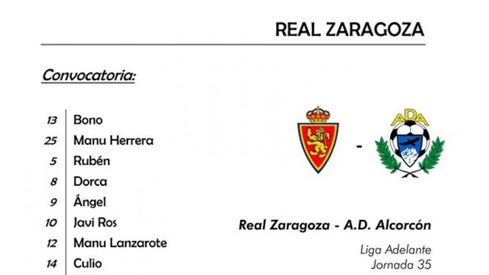 Convocatoria oficial del Real Zaragoza para el partido frente al Alcorcón