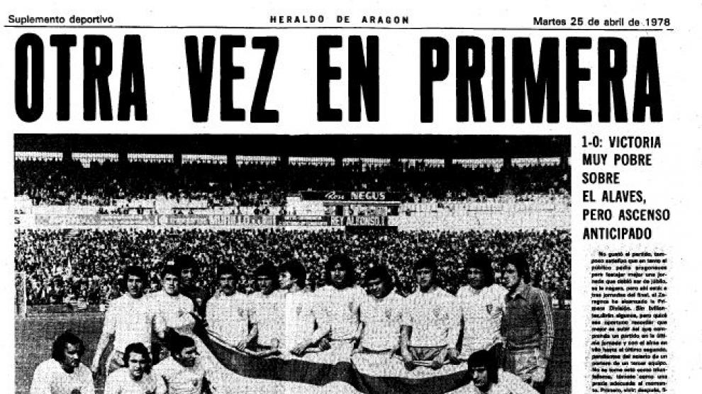 Portada del suplemento de Deportes de Heraldo de Aragón en el que se narraba el ascenso del Real Zaragoza Primera en medio de los actos del 23 de abril de 1978.
