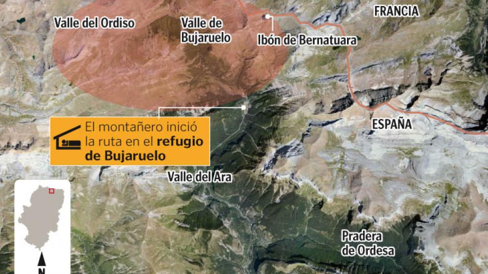 Este gráfico muestra la zona en la que pudo desaparecer el montañero de Huesca.