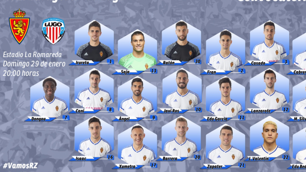 Citación de Raúl Agné para el partido ante el Lugo, hecha pública en la web del Real Zaragoza a primera hora de la tarde de este sábado.