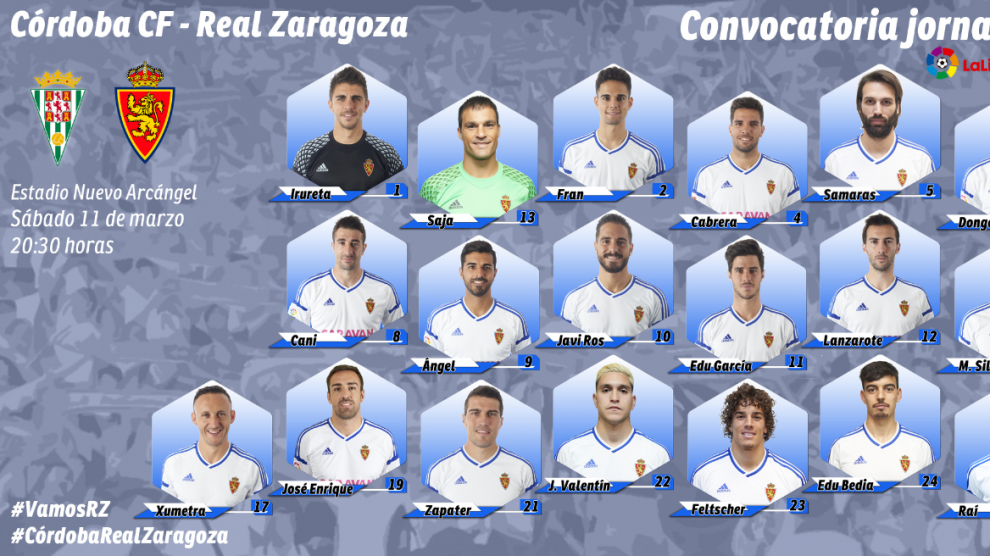 Lista de 19 convocados del Real Zaragoza para el viaje a Córdoba.