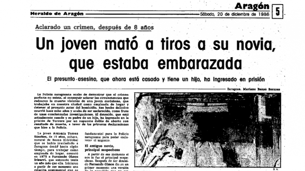 Noticia publicada el 20 de diciembre de 1986 en HERALDO DE ARAGÓN sobre la detención del autor del crimen de Caspe