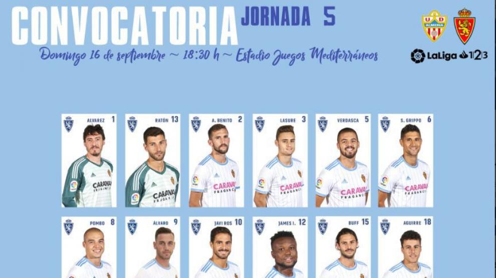 Lista oficial de convocados del Real Zaragoza para el partido de Almería.