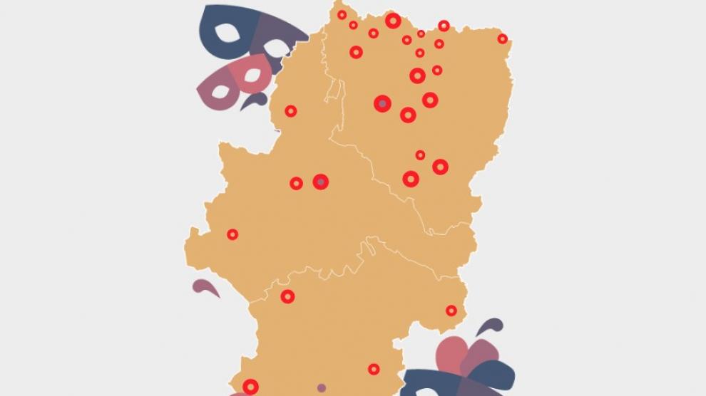 Mapa con las localidades aragonesas que tienen las más representativas festividades carnavaleras.