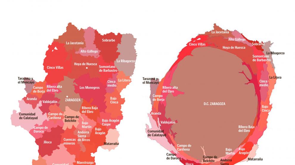 A la izquierda, mapa comarcal de Aragón; a la derecha, deformado en función de la población.