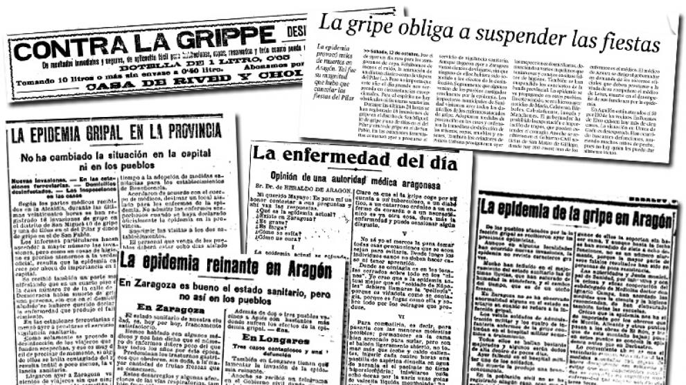 Recortes noticias sobre la gripe española en Heraldo de Aragón en 1918.