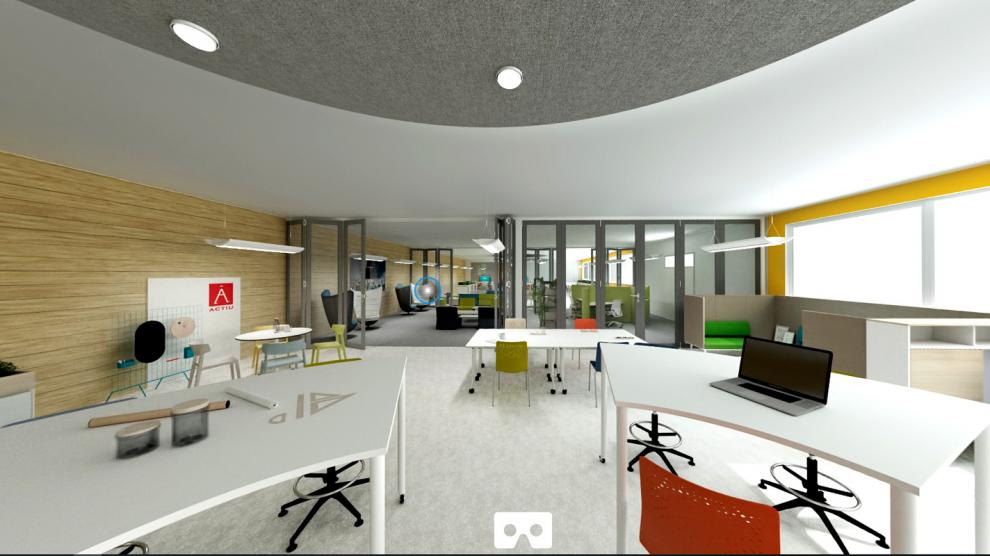 Visión de un espacio de oficina con Visual 360 de Mecux.