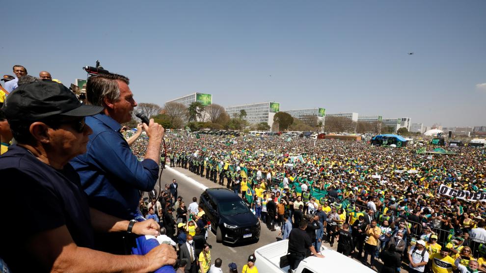 Brazil's president Jair Bolsonaro leads a demonstration against the Supreme Court in Brasilia