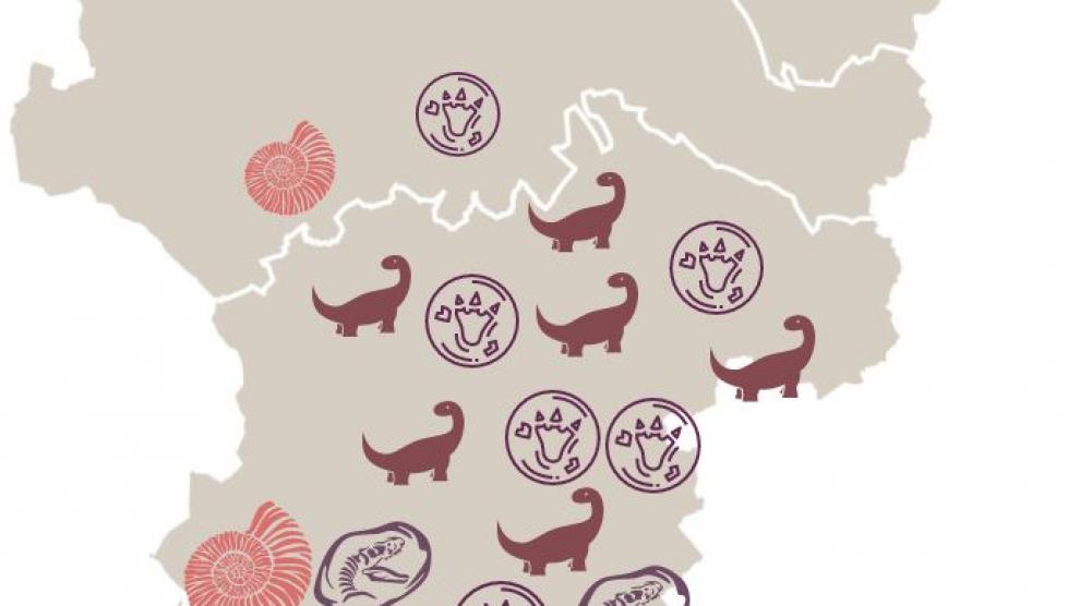 Algunos de los enclaves con restos paleontológicos en Aragón.