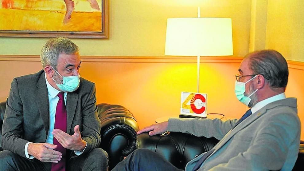 Luis Garicano y Javier Lambán, este miércoles, en la reunión mantenida en el Pignatelli.