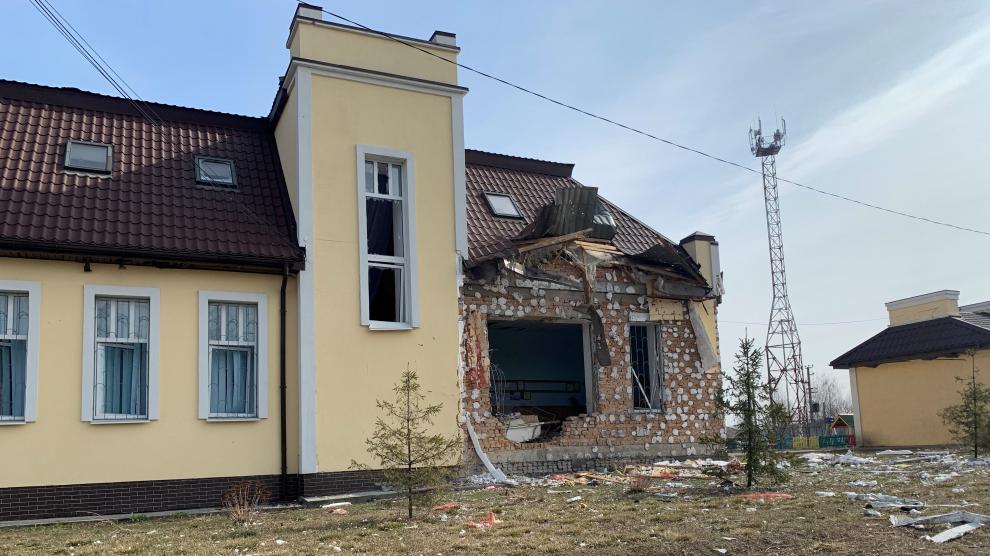 View of damaged building following Russian retreat in Bucha