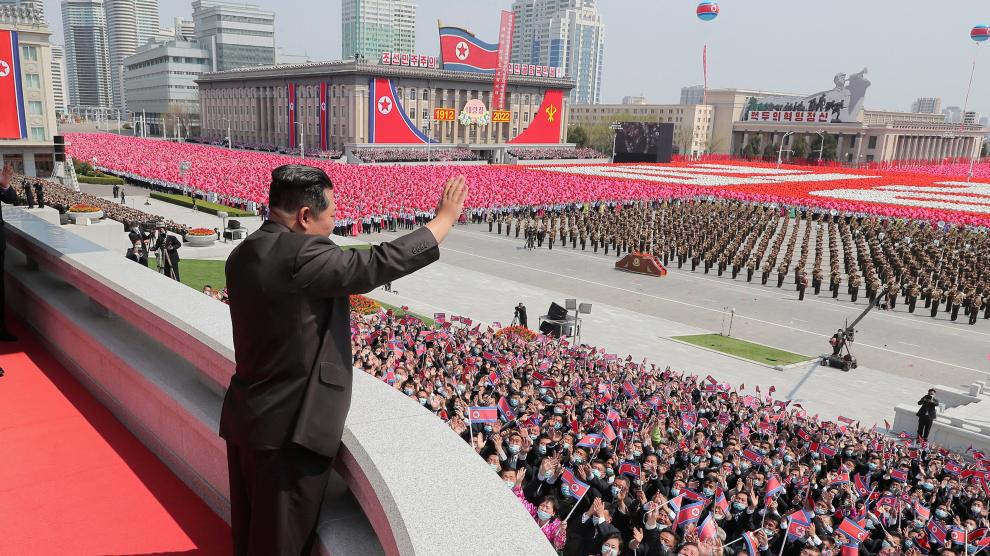 North Korean leader Kim Jong Un waves as he attends a national meeting and a public procession to mark 110th birth anniversary of the state's founder, Kim II Sung, in Pyongyang, North Korea, April 15, 2022. Picture taken April 15, 2022 by North Korea's Korean Central News Agency (KCNA). KCNA via REUTERS ATTENTION EDITORS - THIS IMAGE WAS PROVIDED BY A THIRD PARTY. REUTERS IS UNABLE TO INDEPENDENTLY VERIFY THIS IMAGE. NO THIRD PARTY SALES. SOUTH KOREA OUT. NO COMMERCIAL OR EDITORIAL SALES IN SOUTH KOREA. NORTHKOREA-ANNIVERSARY/