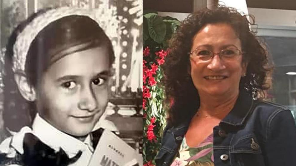 María Pilar Villacampa en sendas imágenes de niña y en la actualidad.