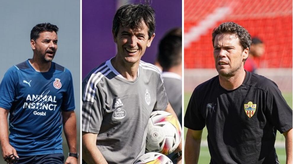 Míchel Sánchez, Pacheta y Rubi, tres exentrenadores del Huesca que han ascendido a Primera esta temporada.