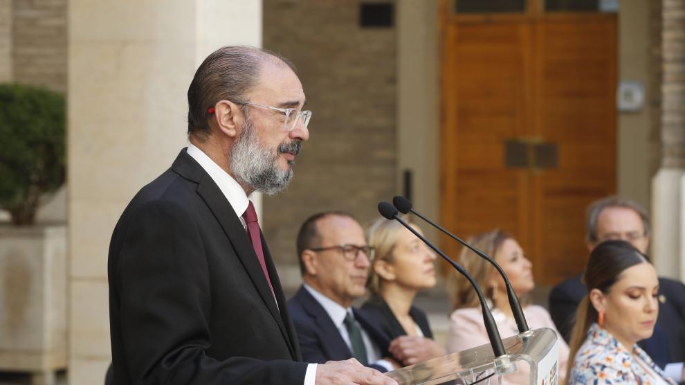 El presidente de Aragón, Javier Lambán, en rueda de prensa tras la reunión mantenida este jueves para hacer balance de su gestión durante el año.