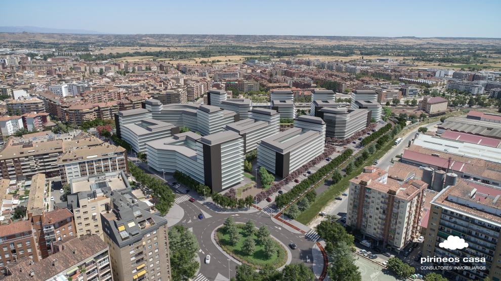 Recreación de la futura urbanización de Harineras en una imagen cedida por Pirineos Casa.