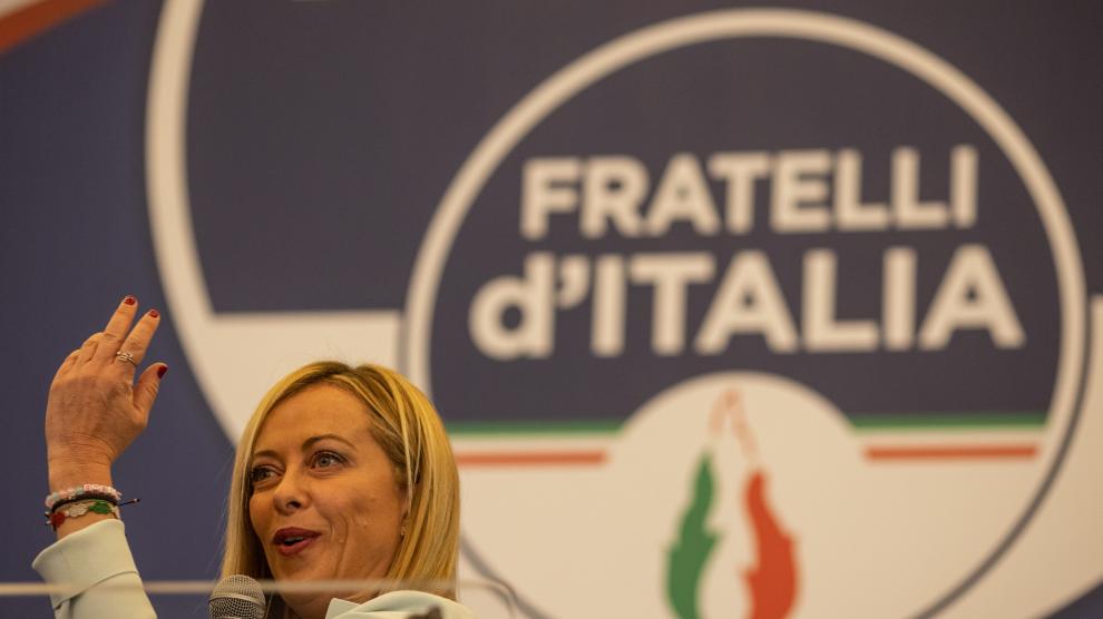 Giorgia Meloni tras conocer su victoria en los comicios italianos, este domingo.