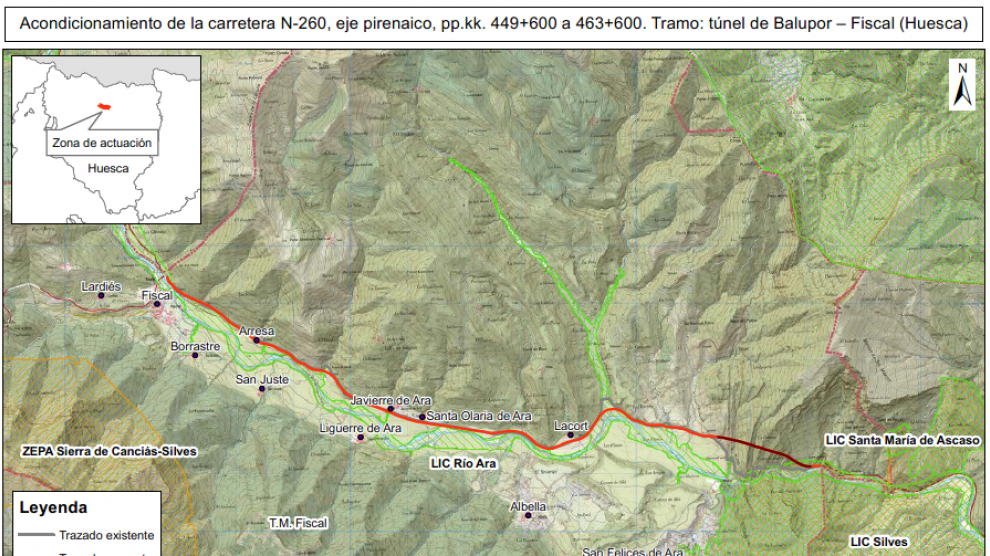 Trazado propuesto para la mejora de la N-260 entre el túnel de Balupor y Fiscal.