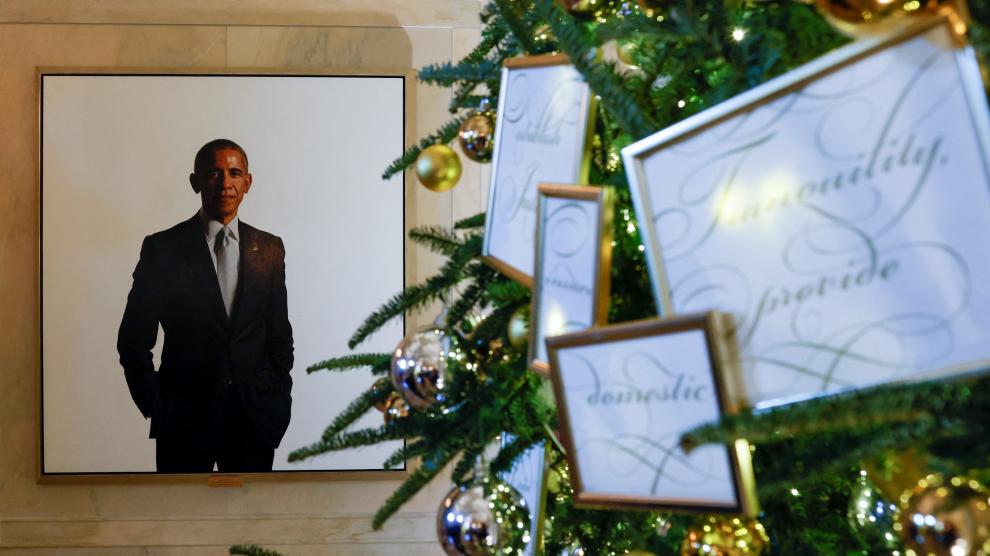 Gold Star trees honor fallen U.S. military service members, here including U.S. Air Force Sergeant Marshal Roberts, as Christmas decorations on the theme "We the People" are unveiled during a press tour ahead of holiday receptions by U.S. President Joe Biden and first lady Jill Biden, at the White House in Washington, D.C., U.S. November 28, 2022. REUTERS/Jonathan Ernst CHRISTMAS-SEASON/WHITEHOUSE