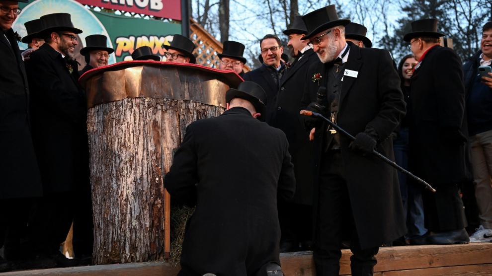 AJ Dereume holds Punxsutawney Phil during the Groundhog Day Festivities, at Gobblers Knob in Punxsutawney, Pennsylvania, U.S., February 2, 2023. REUTERS/Alan Freed USA-GROUNDHOGDAY/