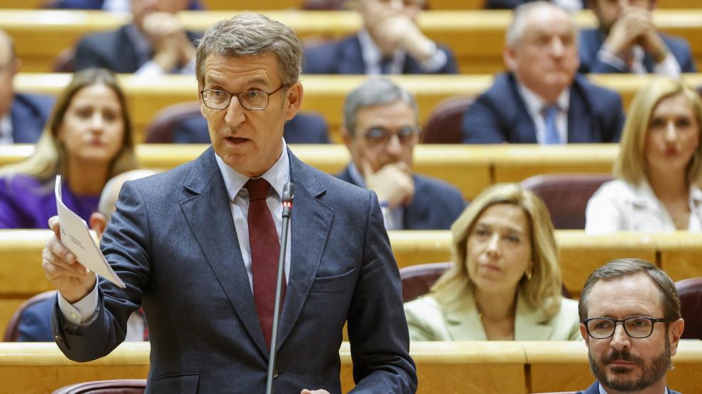 El líder del PP, Alberto Núñez Feijóo, en la sesión de control que se celebró el pleno del Senado este martes.