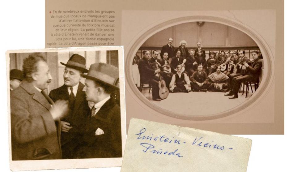 Las dos fotos menos conocidas de Einstein en Zaragoza: en animada conversación con Jerónimo Vecino y Pedro de Pineda; y tras la fiesta aragonesa que se le ofrece como despedida. Desconocemos sus autores.
