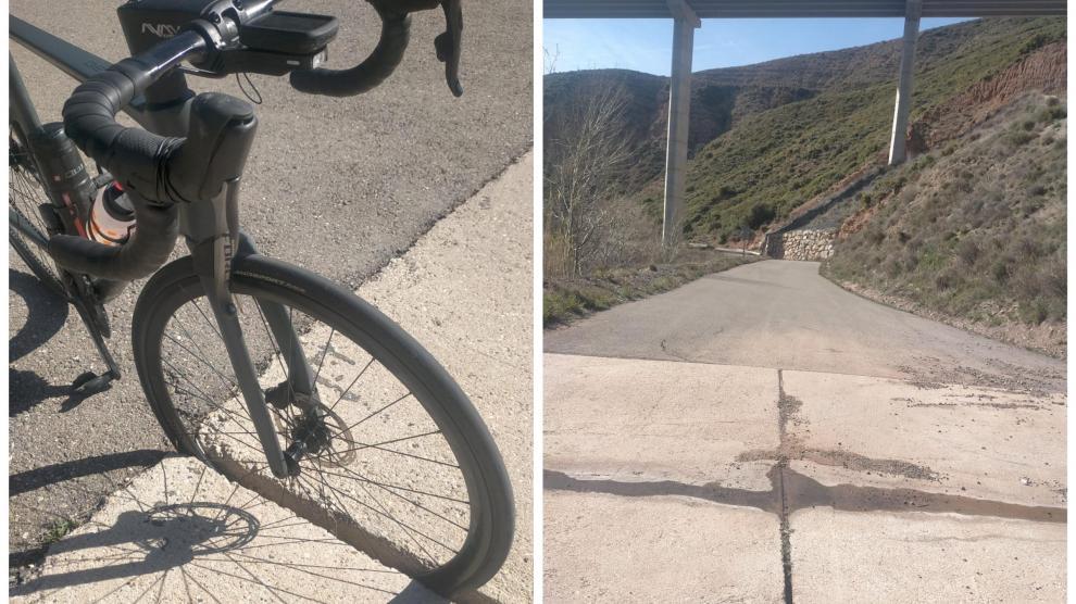 Imagen del lugar donde se produjo el accidente de un ciclista que bajaba de Arguis a Nueno por la vieja carretera debido a la existencia de un hueco de una junta de dilatación