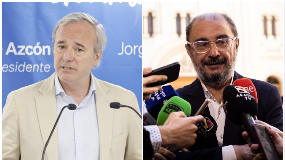 Jorge Azcón y Javier Lambán, en los actos que respectivamente han tenido este lunes en Zaragoza.